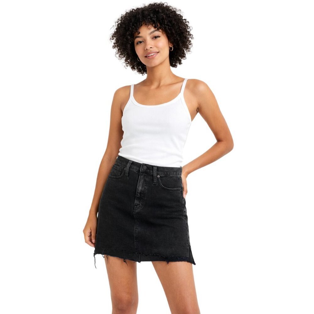 Madewell Black Denim Uneven Frayed Hem Jean Skirt